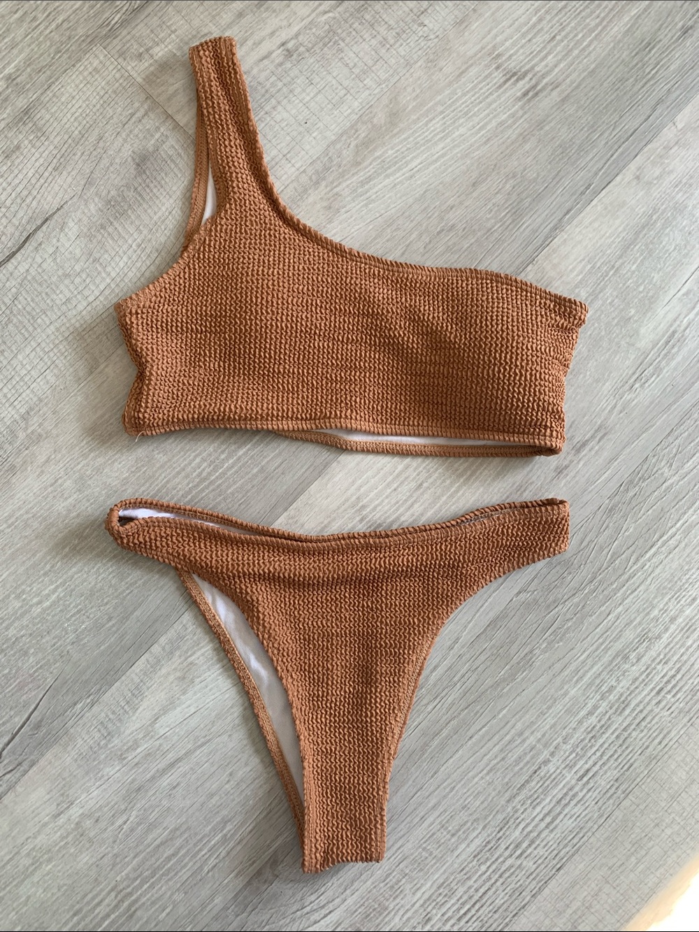 One-Shoulder Textured Bikini Set in Caramel Brown, Size M.